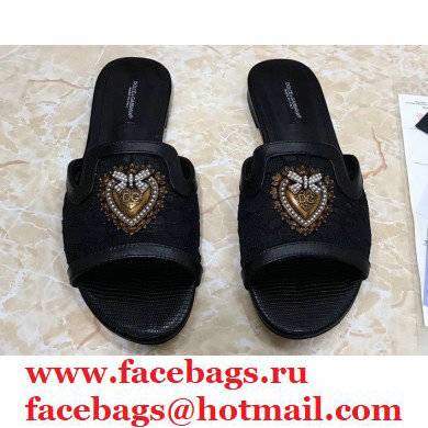 Dolce & Gabbana Lace Sliders Black with Devotion Heart 2021